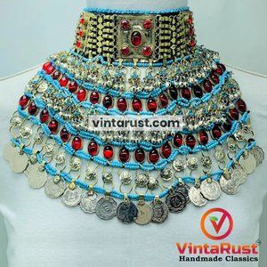 Afghan Choker Necklace, Tribal Kuchi Layered Necklace With Red Glass Stones